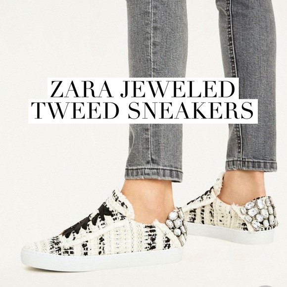 Nwt Zara Jeweled Tweed Sneakers Size 5 